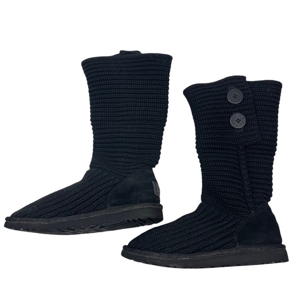 UGG Cardy Knit Buttons Boots Kids Size 5 Suede Foldable Short Tall Black Cozy - Picture 2 of 14